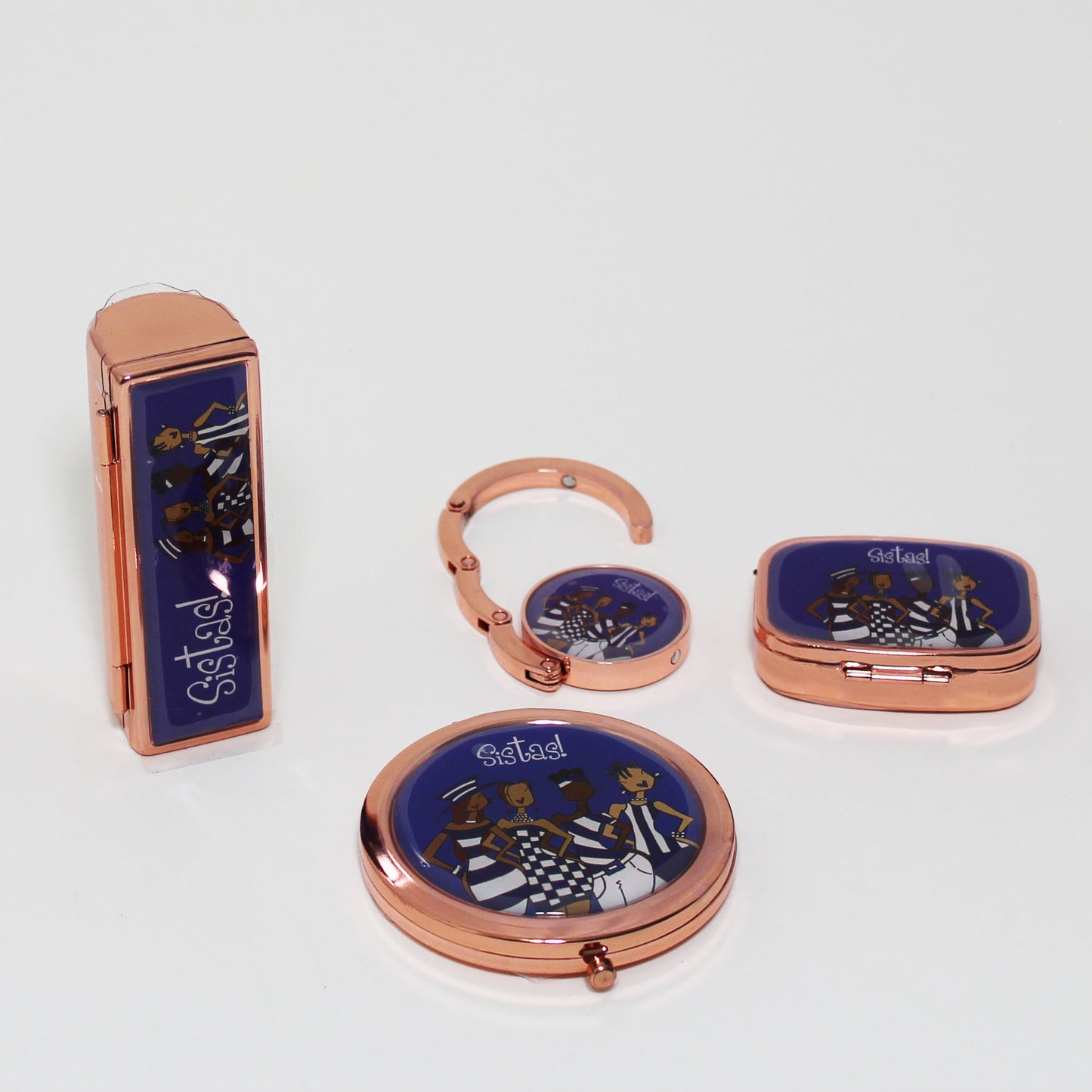 Blue Sistas! women's handbag Accessory set with lipstick case holder, purse hook for tables, magnifying mirror, and purse pill case