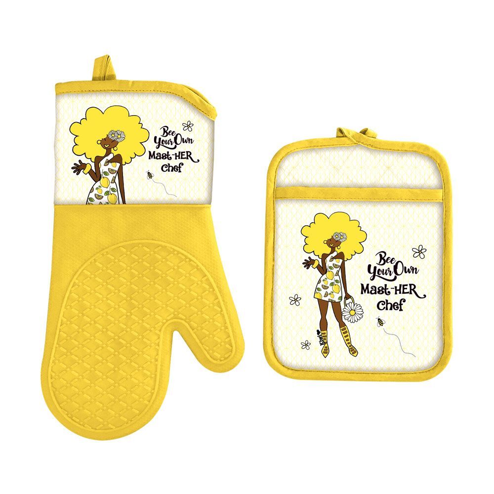 The Bee Your Own MastHER Chef Oven Mitt Potholder Set in yellow