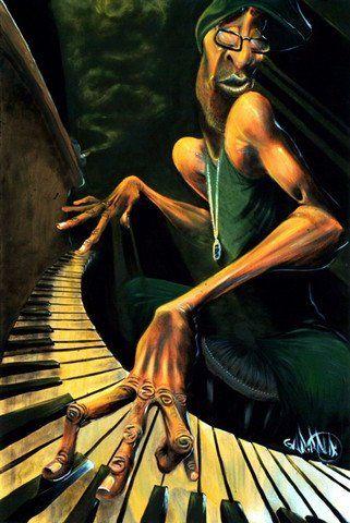 colorful print of a black man playing a piano as a lit cigarette sits burning atop the piano