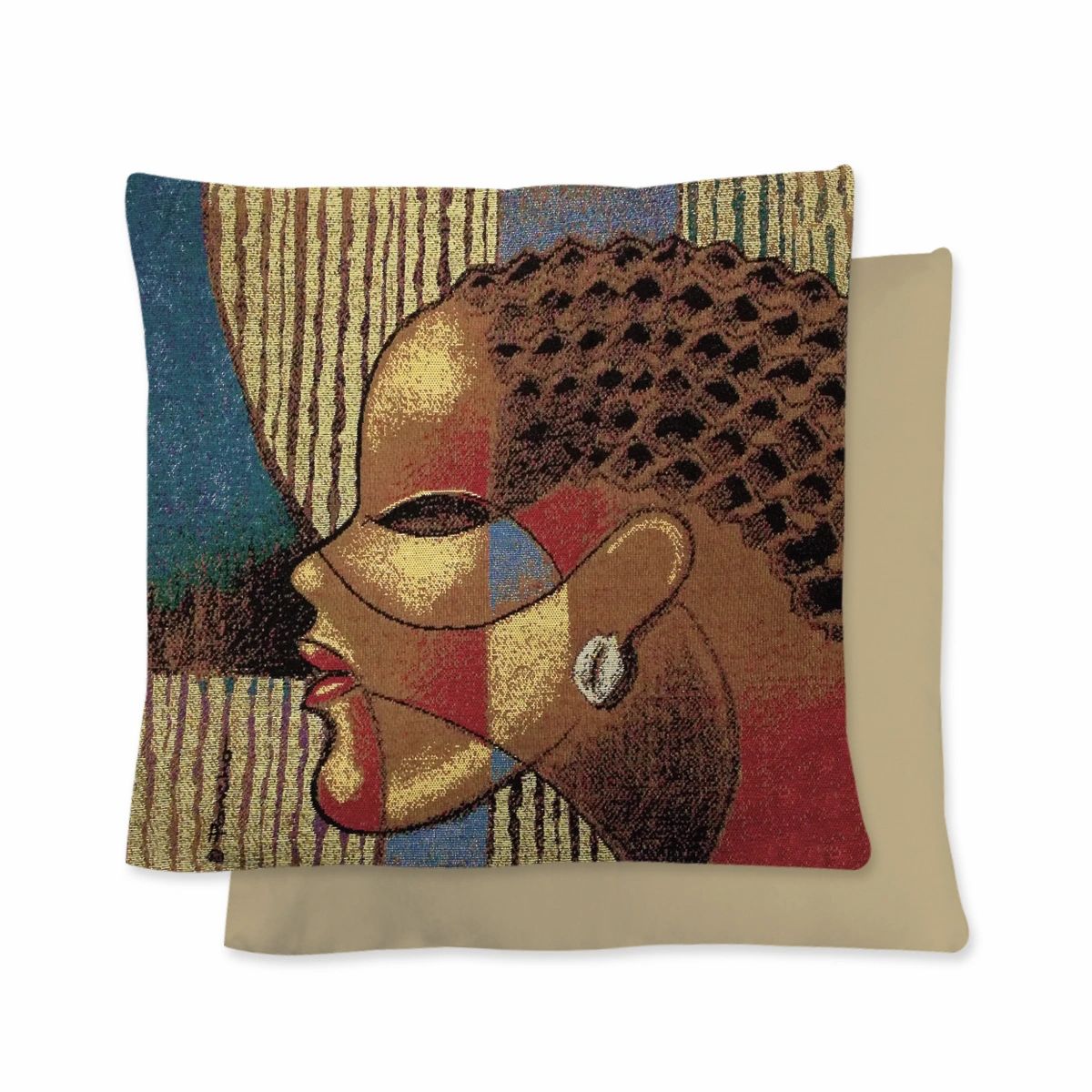 Jacquard woven cotton, polyester tapestry featuring art by Larry "Poncho" Brown. Back side solid colored with soft to touch suede-like fabric. Hidden zipper closure. Add a decorative touch of style to any room: Living Room, Bedroom, Guest Room, Dorm, Office. Finished with coordinating side piping or smooth sewn edge. Cover can be removed for cleaning. Inner cushion not included.