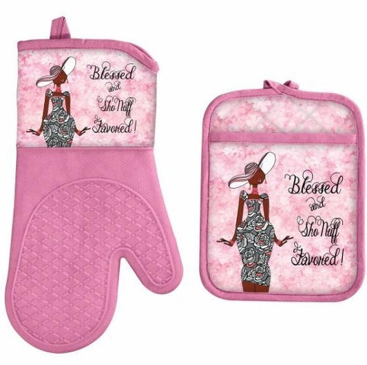 Blessed & Sho Nuff Favored Oven Mitt and Potholder Set in pink