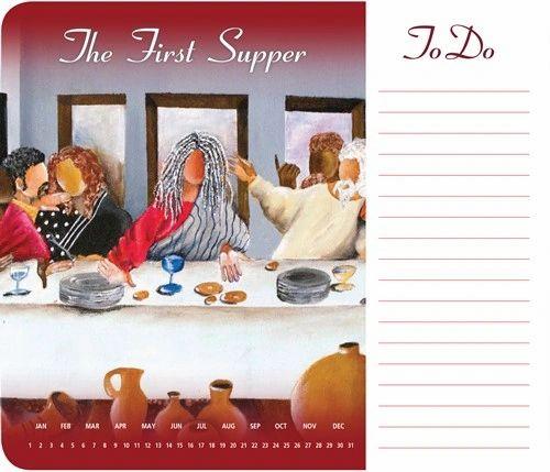 Non-slip foam base for desktop stability. Includes 55 tear off sheet note pad, optional calendar function and NEW perforated To Do List. Great for home, school, or office. Features Black Art by Annie Lee, “First Supper.” One of the best accessories anyone could have is The First Supper Memo Mouse Pad!