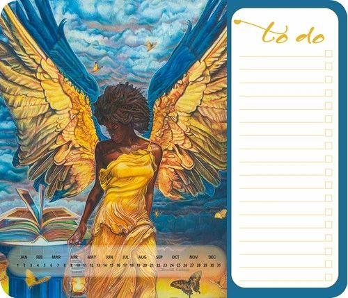 Non-slip foam base for desktop stability. Includes 55 tear off sheet note pad, optional calendar function and NEW perforated To Do List. Great for home, school, or office. Features Black Art by Buena Johnson.