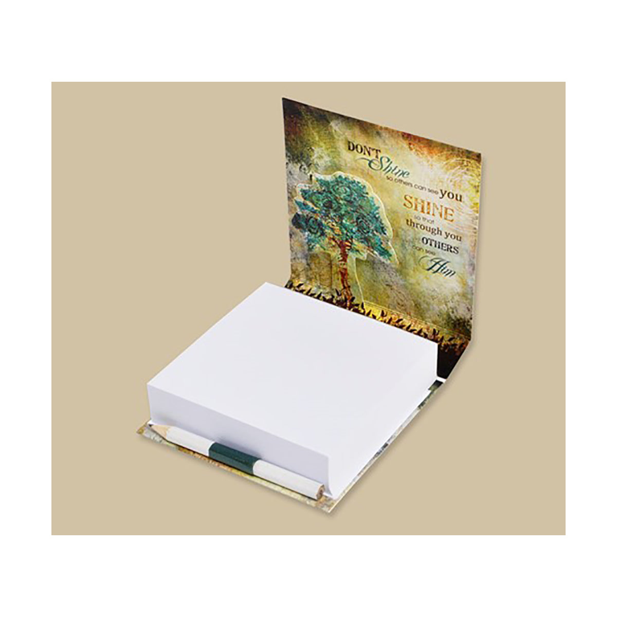 Pop-up art note cube with artwork by Sally Barlow. This desktop note cube includes a white note pad with 200 ready to tear out blank sheets and Pencil.