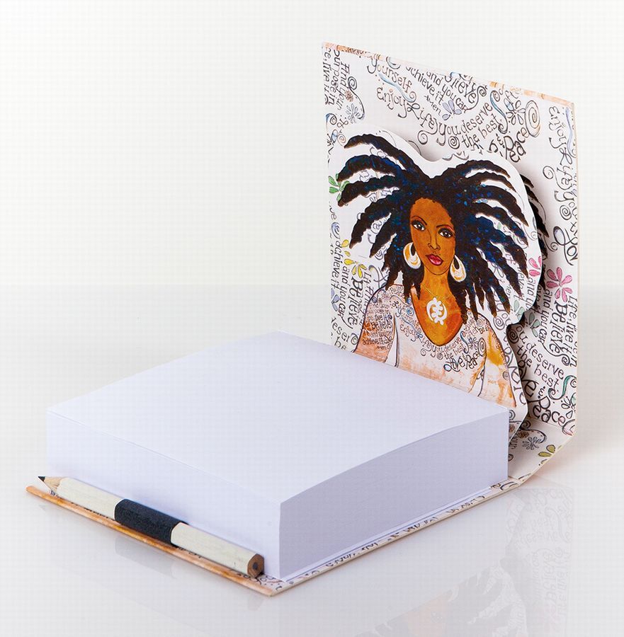 Pop-up art note cube with artwork by Sylvia "GBaby". This desktop note cube includes a white note pad with 200 ready to tear out blank sheets and Pencil.