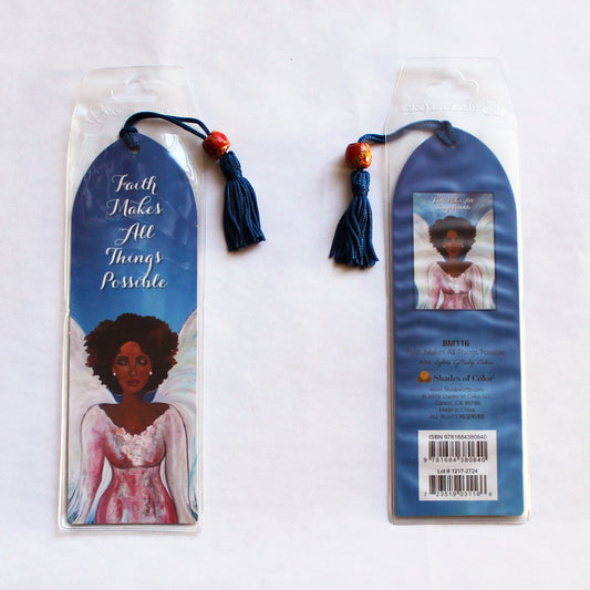 Faith Makes All Things Possible Bookmark agel with wings on a blue background.