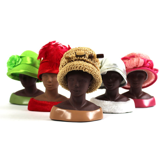 Five Harriet Rosebud mini hat busts in green, red, straw, white, and pink. 