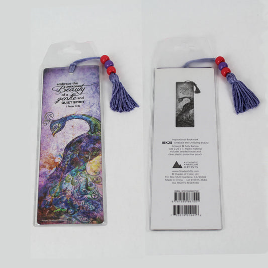 Embrace the Unfading Beauty of a Gentle and Quiet Spirit Bookmark purple peacock with colorful feathers poses