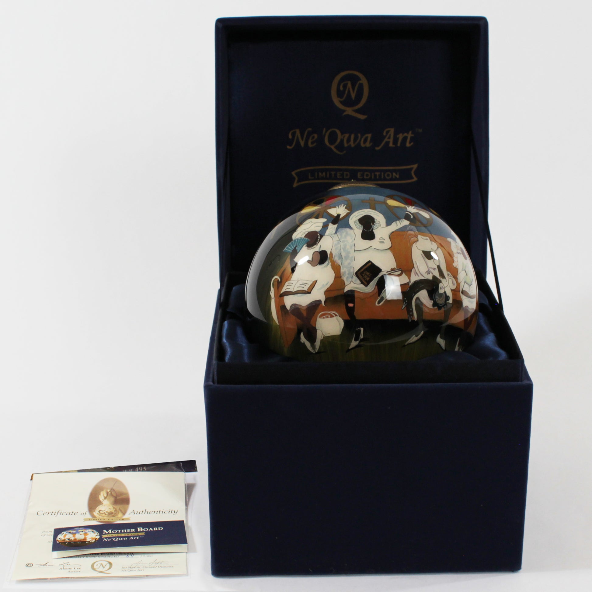 Ne'Qwa Art Glass Ornament "The Mother Board" by Annie Lee packaging