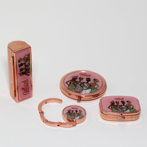 Pink Sistas! Purse Accessory Gift Set lipstick case, pill box, mirror, handbag hook for tables