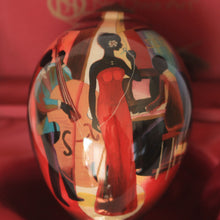 Load image into Gallery viewer, In a Sentimental Mood ne&#39;qwa ornament front design of a female singer in a red dress accompanied by a bass player and piano man
