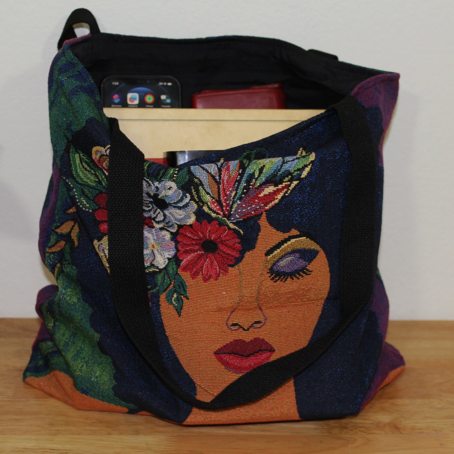 Believe, Blossom & Become Woven Tote with 2 pockets filled