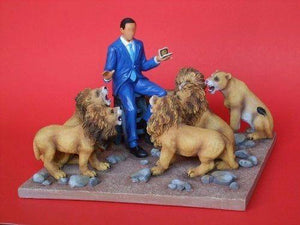 President Obama In The Lion's Den figurine. President sitting on a stump surrounded by six fierce lions on a red backdrop