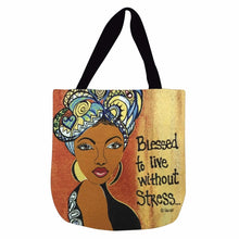 Load image into Gallery viewer, Blessed To Live Without Stress Woven Tote Bag by GBaby front
