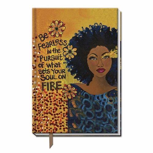 A brand new item in the Shades of Color African American Stationery Collection: Large Cloth Journals. Featuring genuine artwork from Black Artists that will uplift and inspire your soul. These designer writing journals come with 160 lined pages, each containing inspirational scripture. Soft cover gives soothing texture while hard underside remains durable. Includes ribbon bookmark. Artwork by Gbaby. Size 5.375 x 8.375