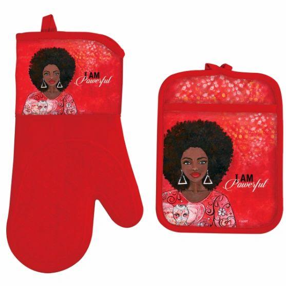 I Am Powerful Oven Mitt and Potholder Set in red