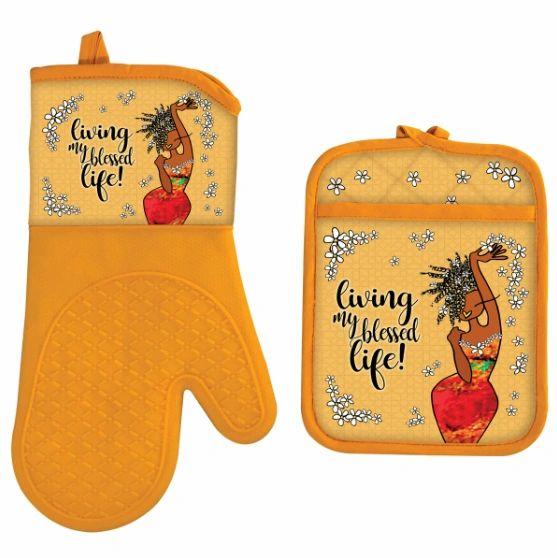 Living My Blessed Life Oven Mitt and Potholder Set in gold