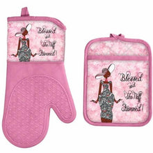 Load image into Gallery viewer, Blessed &amp; Sho Nuff Favored Oven Mitt and Potholder Set in pink
