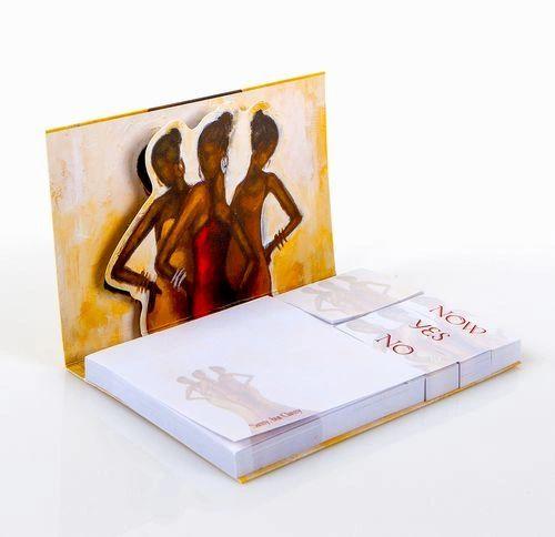 Each Sticky Note set features five different size self-adhesive sticky notes. Smallest design comes in 'Yes,' 'No' and 'Maybe' to ease organization. ;Inside covers has a mini pop up art design for extra pzazz! Featuring African American art from renowned artist, Kerream Jones. Perfect for the thinker on the go! African American Gifts by Authentic African American Artists