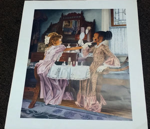art print featuring two young girls, one black, one white, playing dressup together.