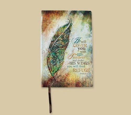 Designer writing journal with leather-like soft cover - Size 5.5 x 8.375 - 192 lined pages Bible scripture on every page - Ribbon Bookmark - Expandable inner pocket for storage