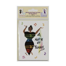 Load image into Gallery viewer, Designer blank note cards featuring the art of Cidni Wallace. Included are eight African American thank you cards (2 designs). Each greeting card is designed to make sure the recipient feels valued and appreciated.  The thank you cards measure 5.1875x3.625 inches in size. Yellow envelopes included.
