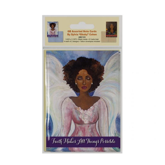 Designer blank note cards featuring the art of Sylvia "Gbaby". Included are eight African American thank you cards (2 designs). Each greeting card is designed to make sure the recipient feels valued and appreciated.  The thank you cards measure 5.1875x3.625 inches in size. Yellow envelopes included.