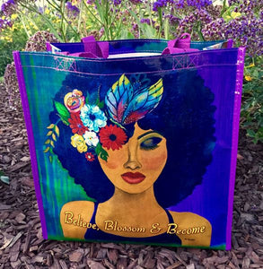 Believe, Blossom & Become Reusable ECO Shopping Tote Bag in a field of flowers