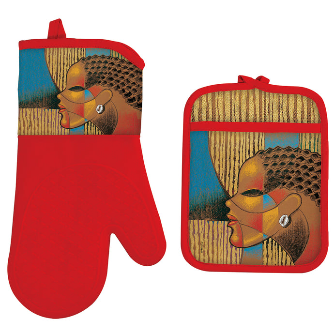 Composite Of A Woman Oven Mitt and Potholder Set in red