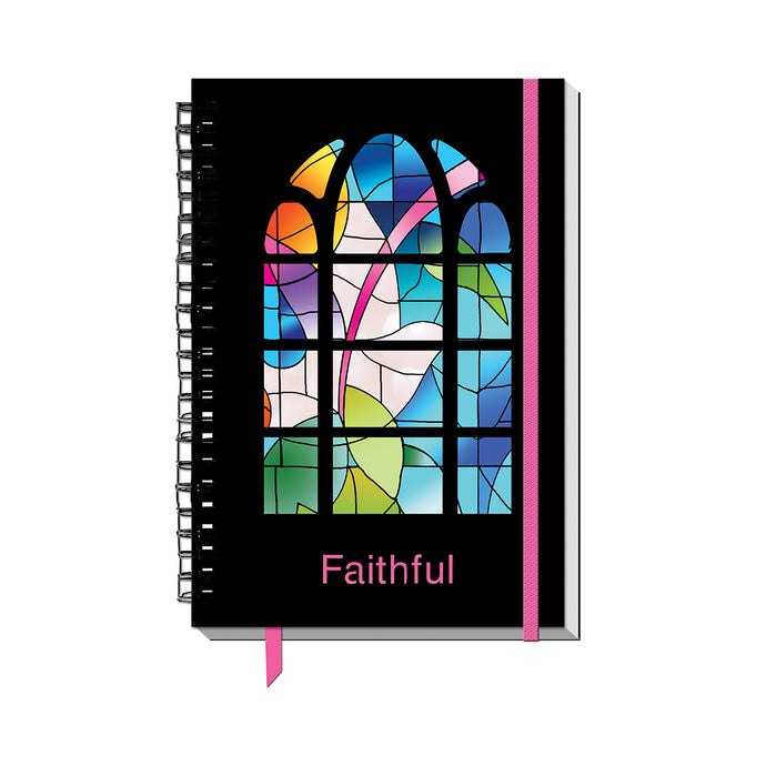 Dual plastic covers feature laser cut design over brightly colored sheet – Size 5.5 x 8.5 – 180 lined pages – Bible scripture or inspirational quote on every page – Spiral bound – Rear Plastic Zippered Pouch – Ribbon bookmark – Elastic Band Closure
