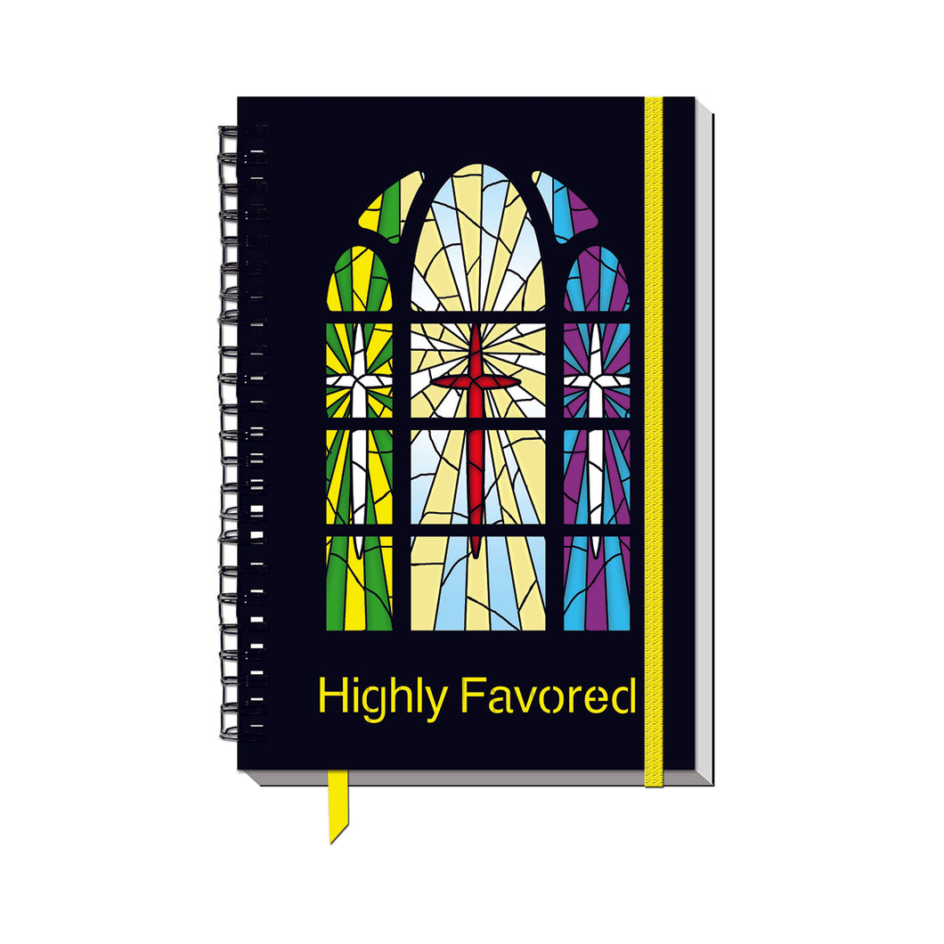 Dual plastic covers feature laser cut design over brightly colored sheet – Size 5.5 x 8.5 – 180 lined pages – Bible scripture or inspirational quote on every page – Spiral bound – Rear Plastic Zippered Pouch – Ribbon bookmark – Elastic Band Closure